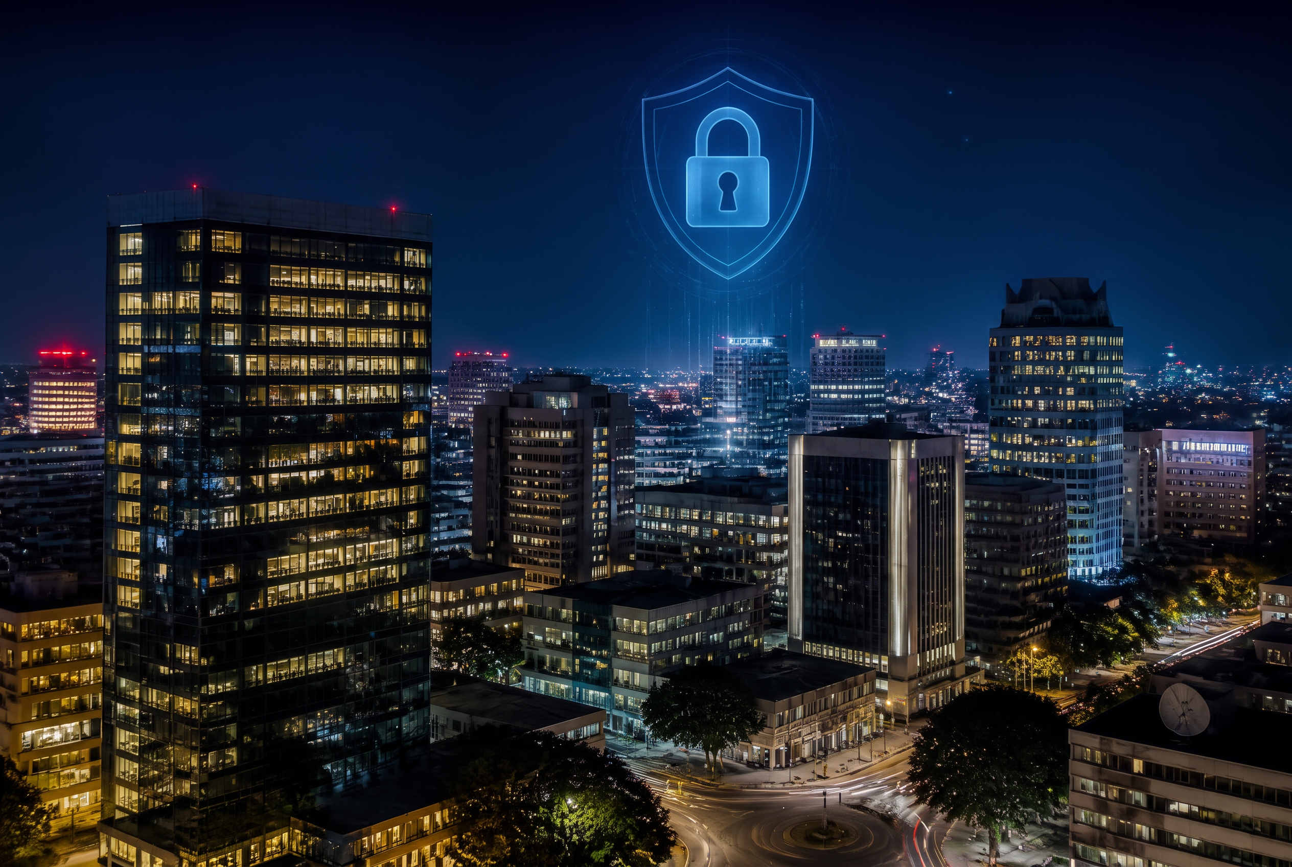 Corporate cityscape with shield